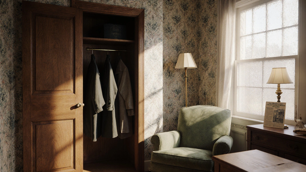19th‑century American home interior featuring a built‑in reach‑in closet behind a wooden door.