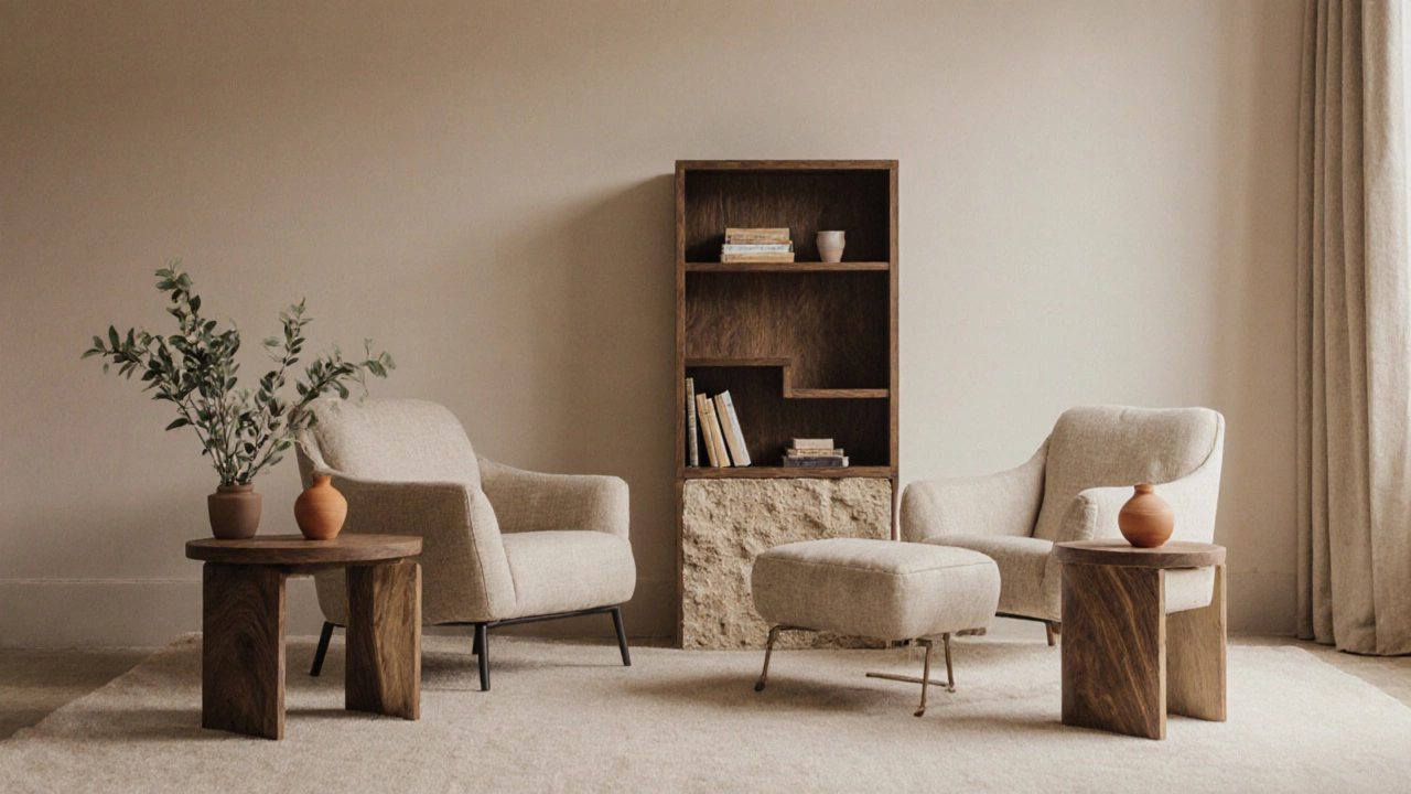 A showroom display of beige furniture in earth tones with natural wood and plants.
