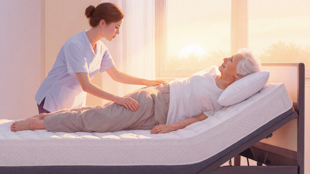 Caregiver helping senior side‑lie on an adjustable bed with supportive pillows.