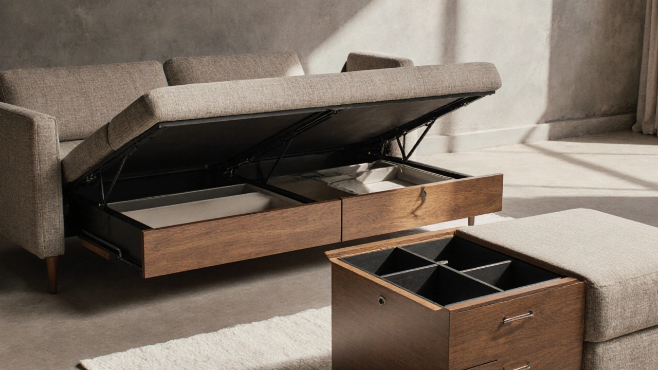 Close‑up of a sofa bed unfolding, coffee table with hidden drawers, and storage ottoman with compartments.
