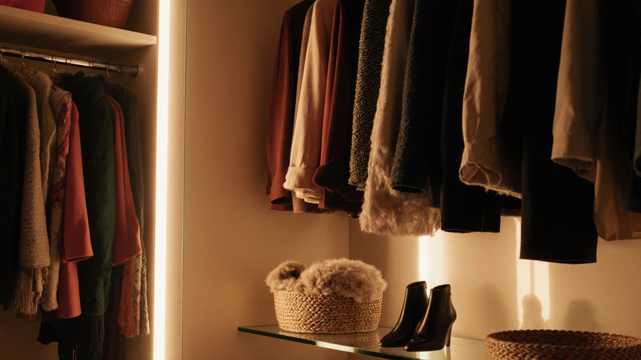 Close‑up of a styled open wardrobe with LED lighting and mirrored back.