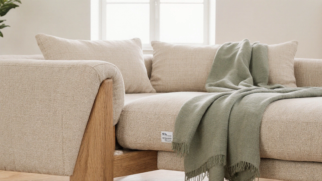 Close‑up of sustainable beige corner sofa showing eco‑friendly frame and removable cushions.