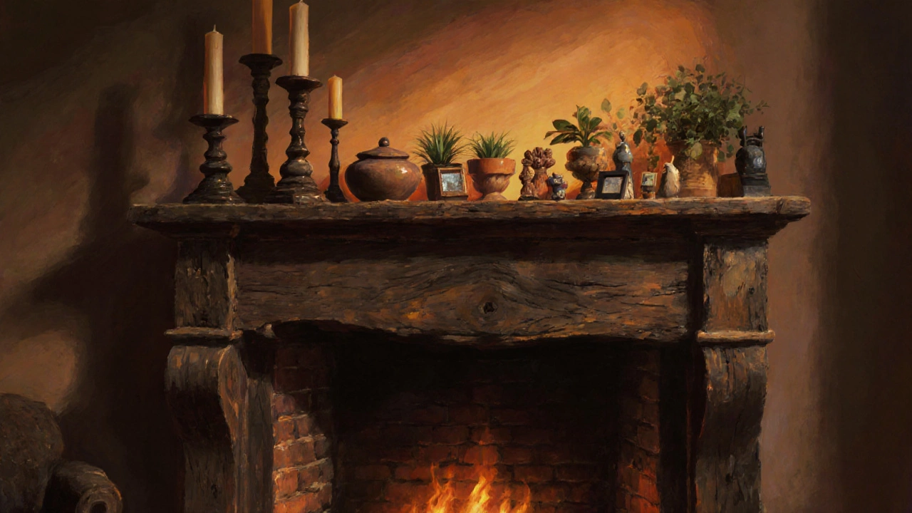 Cozy mantelpiece styled using 3‑5‑7 rule with three candlesticks, five ornaments, seven tiny trinkets.