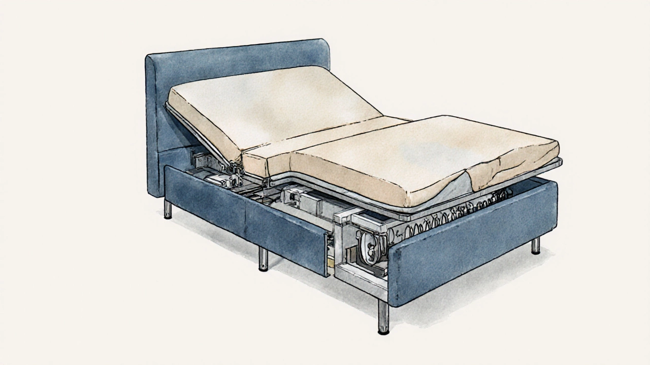 Cutaway illustration of a Dutch bed click‑clack mechanism with hinges and springs.