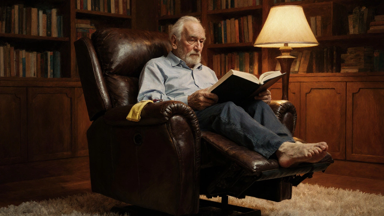 Elderly man relaxing in a painted‑style recliner, reading a book, with a lamp and subtle maintenance tools nearby.