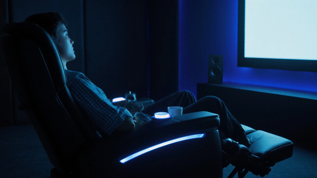 Futuristic smart recliner with built‑in tech in a dim home‑theater setting.