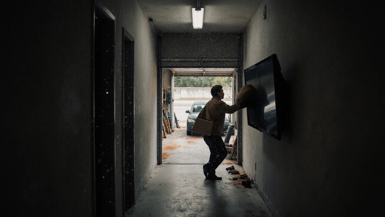 Hallway and garage with a wall TV exposed to dust, light, and accidental bumps.