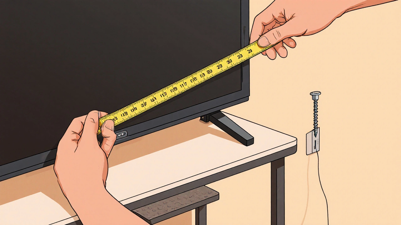 Hands measuring a TV and stand, adding non‑slip pad and wall bracket.