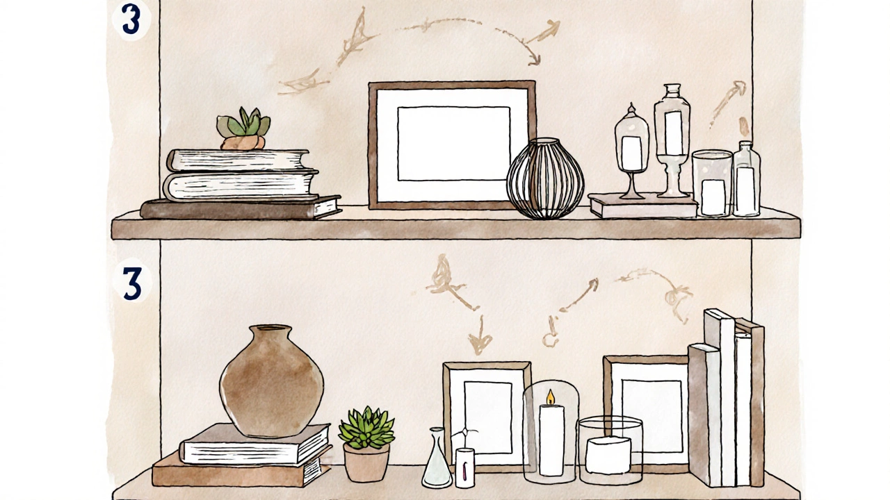 Illustrated bookcase showing bottom 3 large items, middle 5 items with focal frame, top 7 small objects.