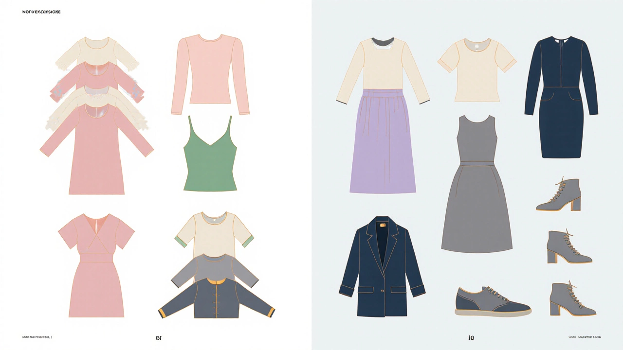 Illustrated breakdown of clothing categories with stylized piles representing tops, bottoms, dresses, outerwear, shoes, and accessories.