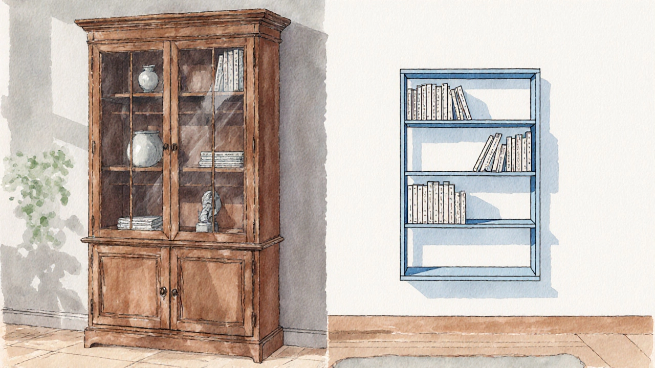Illustrated side‑by‑side view of a deep bookcase and a shallow wall‑mounted bookshelf.
