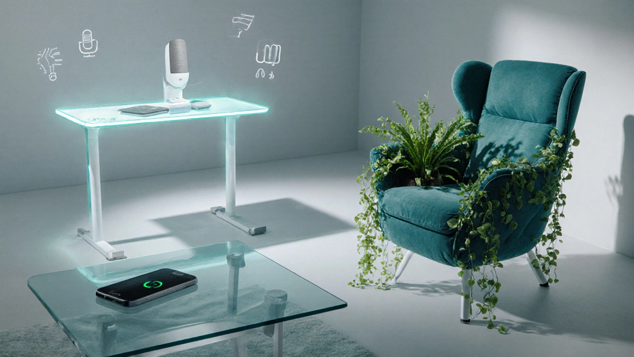 Illustration of a smart coffee table, voice‑controlled desk, and a chair with live plant vines.