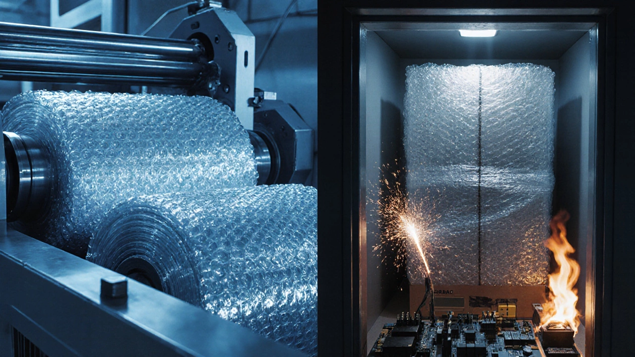 Illustration of bubble wrap production and storage risks like moisture and static.