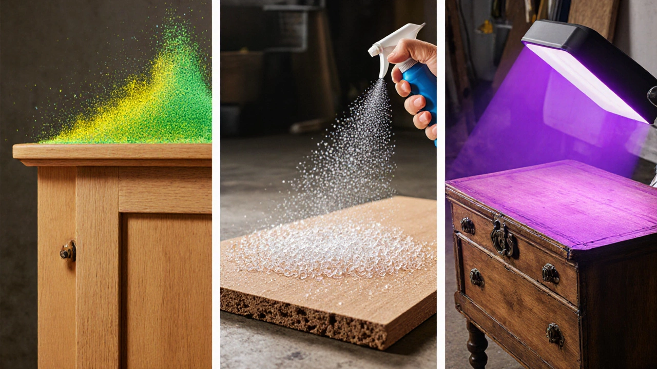 Illustration showing bleach spray, hydrogen peroxide soak, and UV‑C lamp on different wood items.