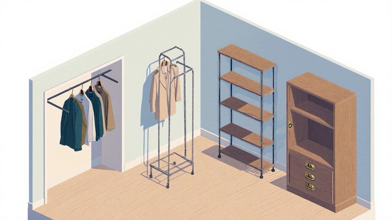 Isometric view of various doorless storage pieces in a stylish interior.