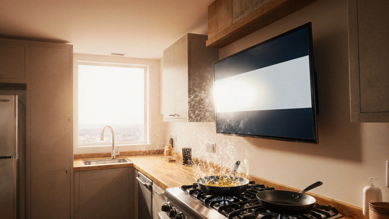 Kitchen with a TV near a stove and window, showing heat, grease, and sunlight glare.