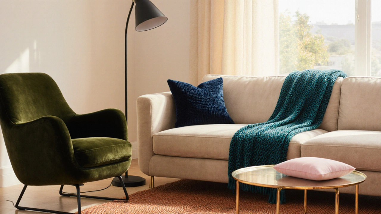 Living room featuring a beige corner sofa with earthy décor and mixed textures.