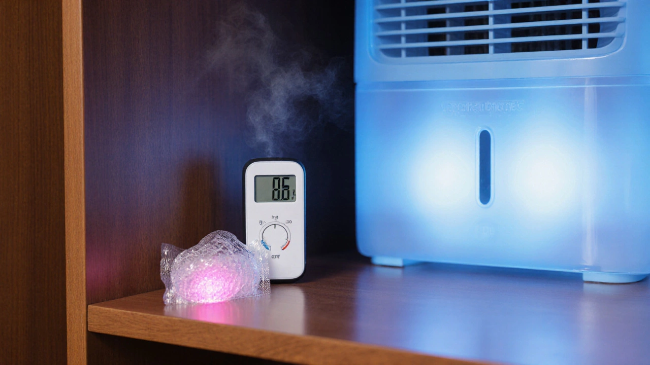 Macro view of silica gel packet, hygrometer, and dehumidifier on a dry closet shelf.