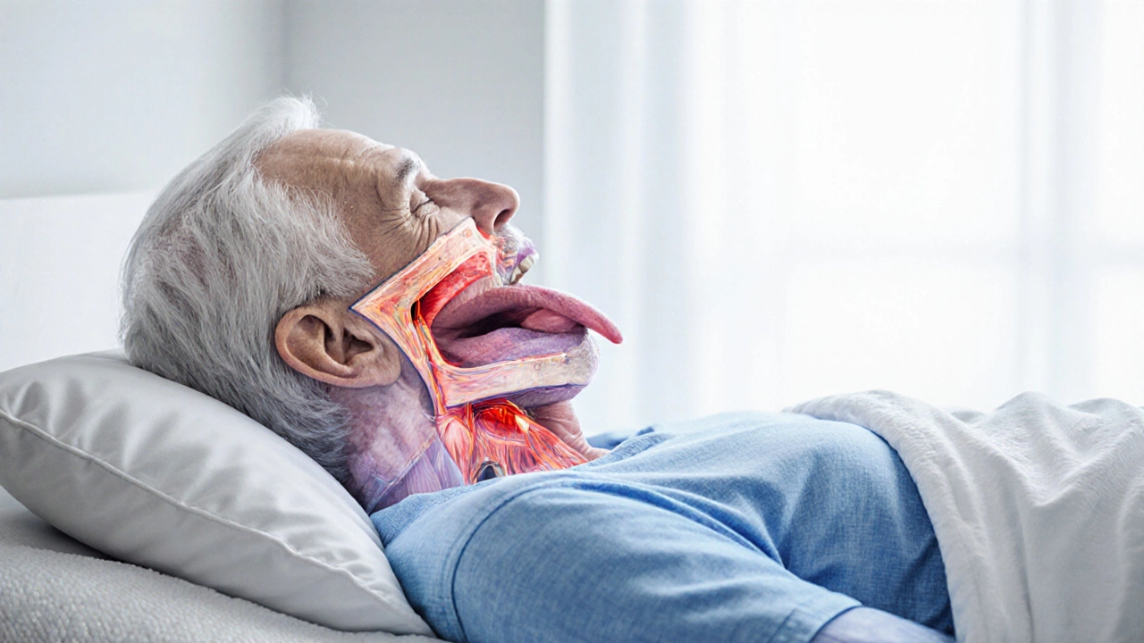 Medical illustration of a senior lying on back, showing airway blockage and pressure points.
