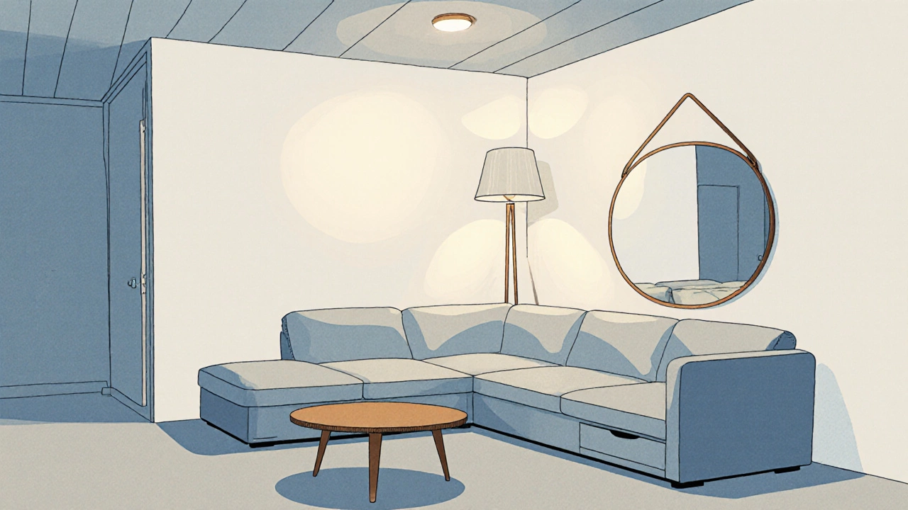 Modular corner sofa floating from corner, with storage drawer, round coffee table, and mirror.