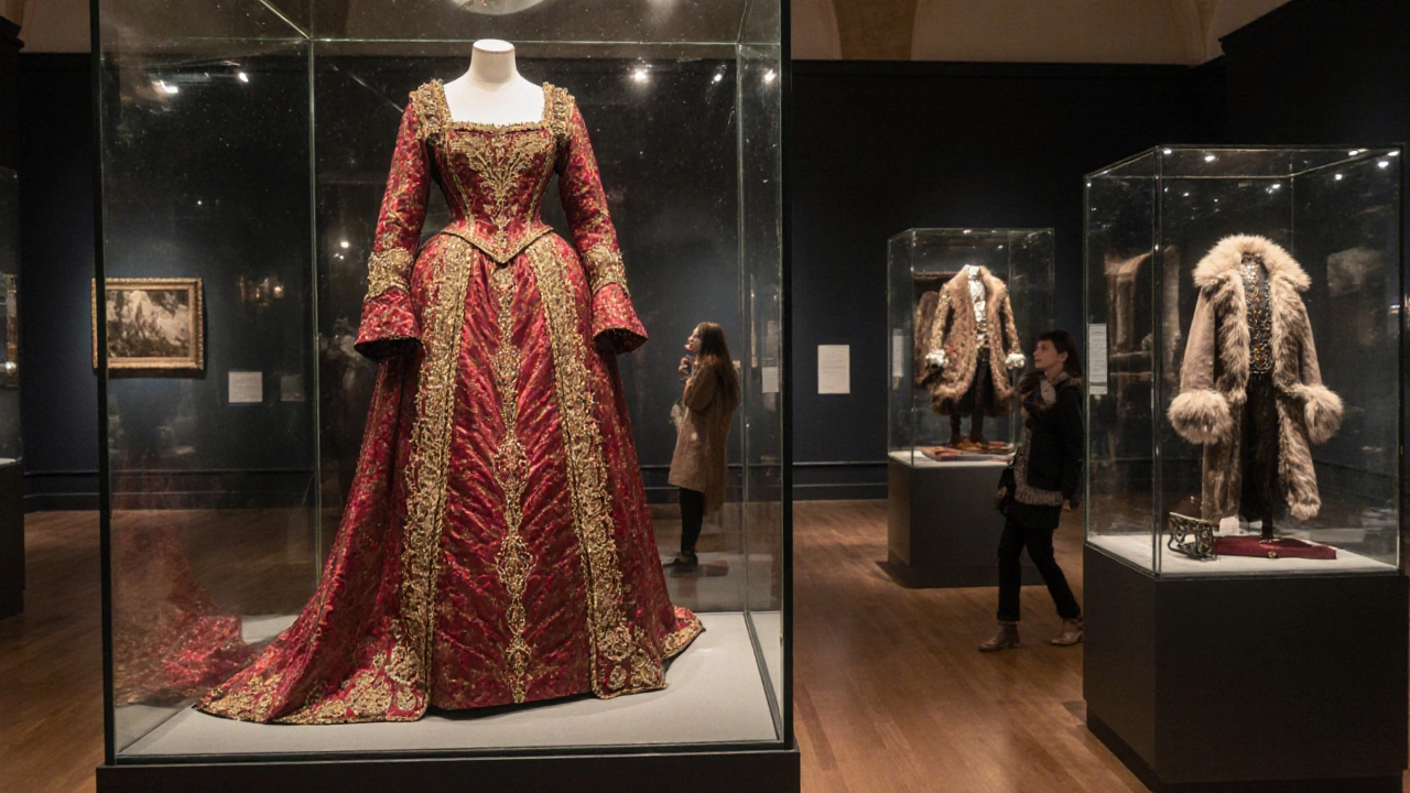 Museum display of Tudor gown, fur coat, and breastplate with a visitor admiring them.