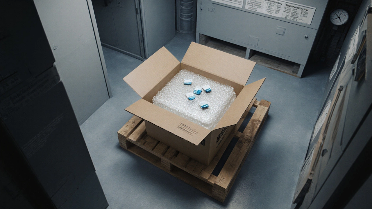 Overhead view of a sealed archive box with bubble wrap and silica gel in a climate‑controlled room.