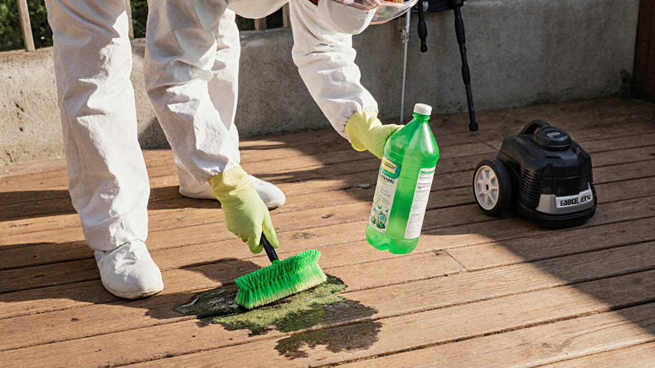 Person in protective gear spraying vinegar and scrubbing mold on a wooden deck.