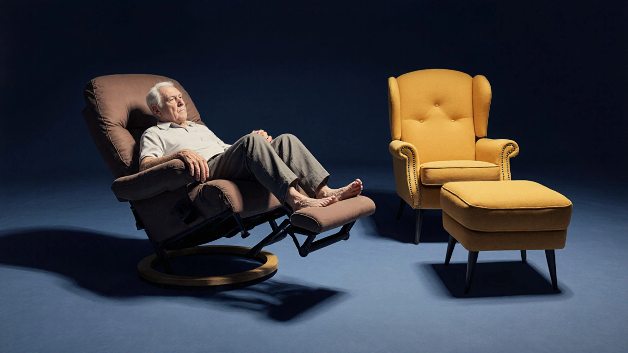 Senior struggling to rise from a poorly designed recliner with footrest pressing into calves.