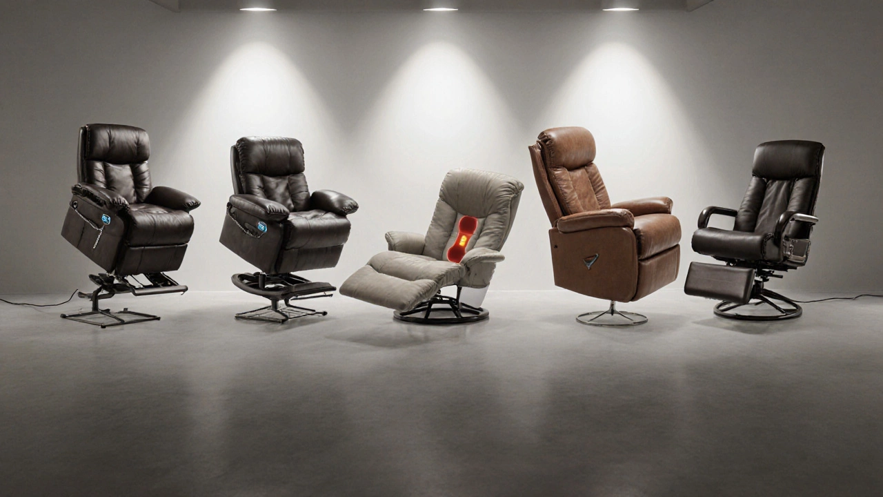 Showroom line‑up of various recliners representing different nicknames.