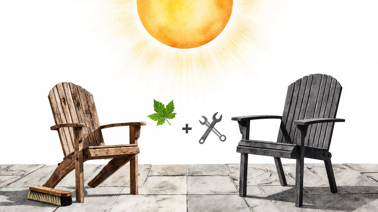 Side-by-side comparison of a teak chair and a Trex outdoor chair on stone patios under sunlight.