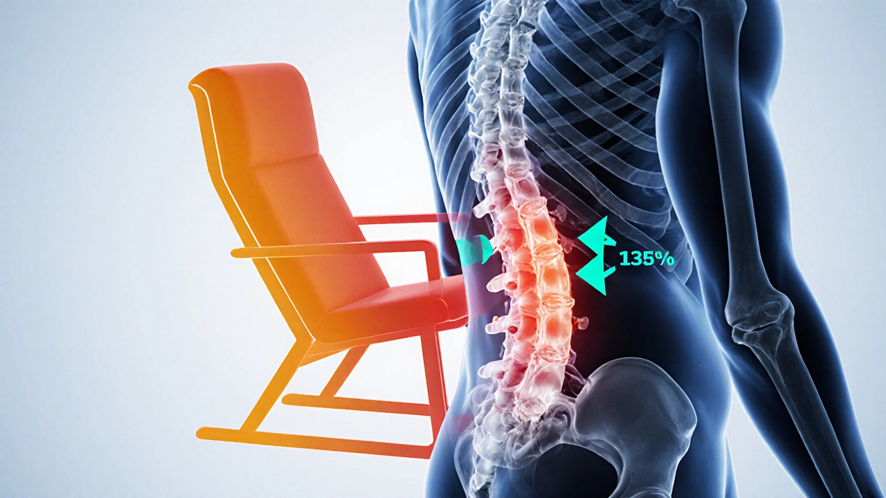 Side view of a degenerative lumbar spine with a recliner silhouette indicating pressure.