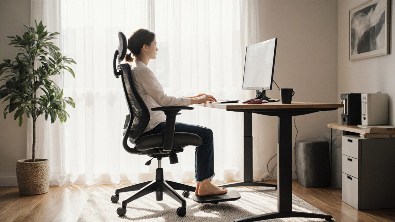 Someone sitting upright in an ergonomic desk chair with adjustable features in a bright home office.