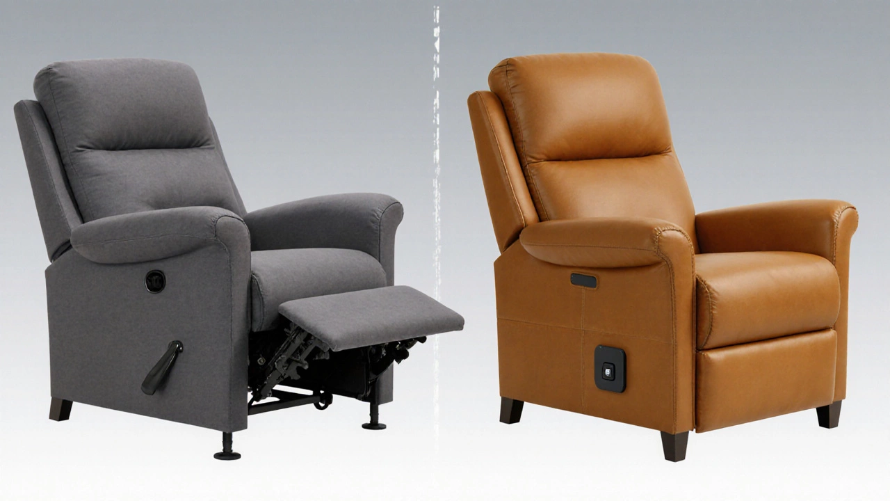Split illustration of manual versus power senior recliner, showing lever on left and button on right with visible mechanisms.