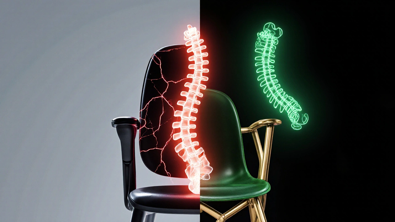 Split image comparing a failing cheap chair with a supportive premium chair, visualizing spinal health impact.
