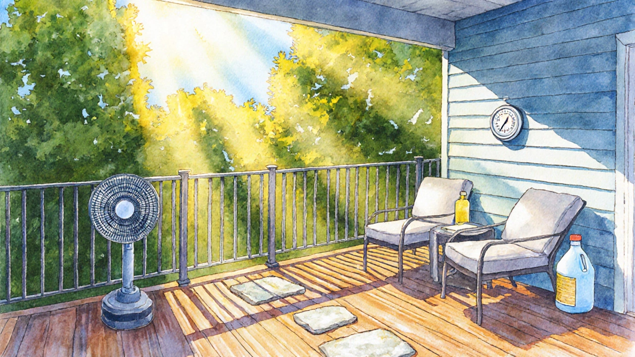 Sunlit patio illustration with trimmed trees, sealed deck, hygrometer, and cleaning supplies.