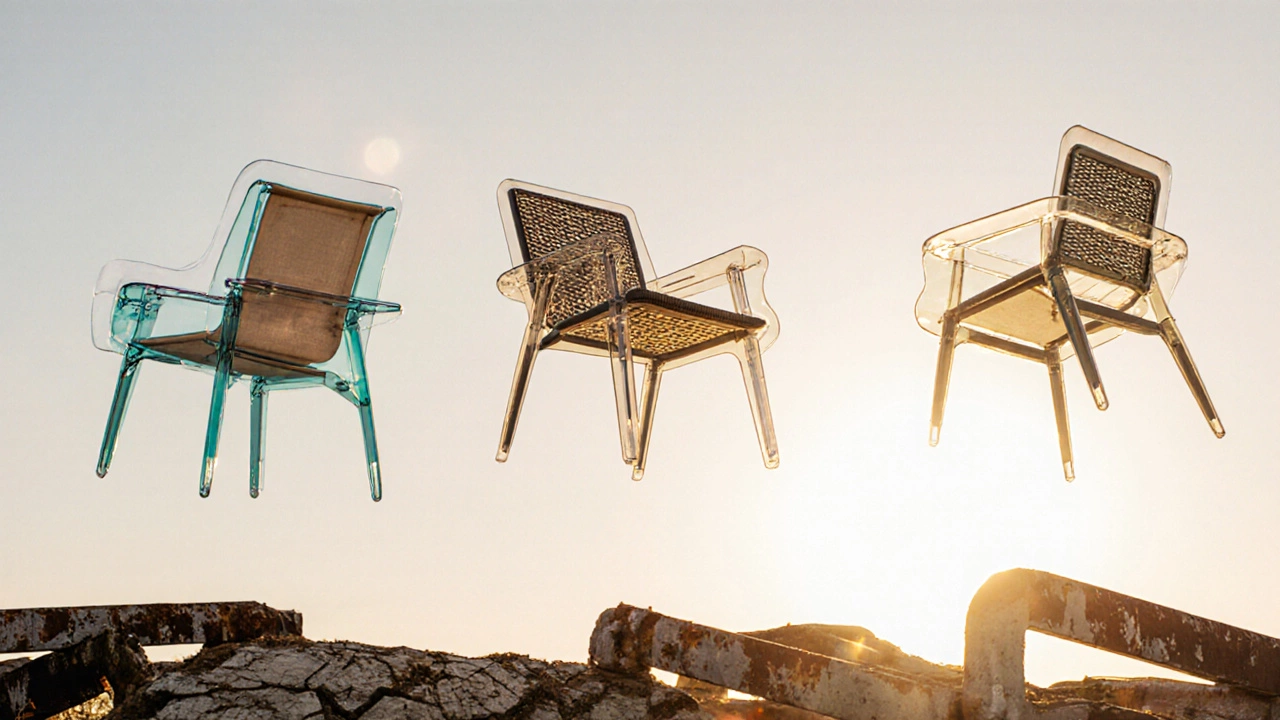 Three recycled plastic furniture models floating above damaged outdoor furniture, illuminated by golden hour light.