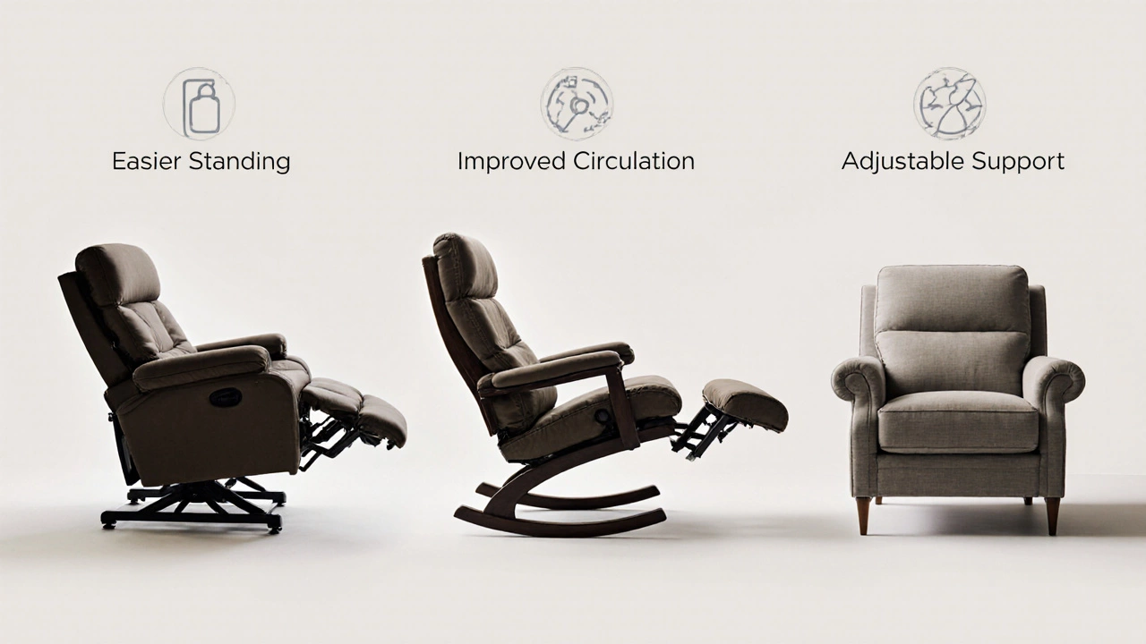 Three senior-friendly seating options: lift recliner, rocking recliner, and armchair with ottoman.
