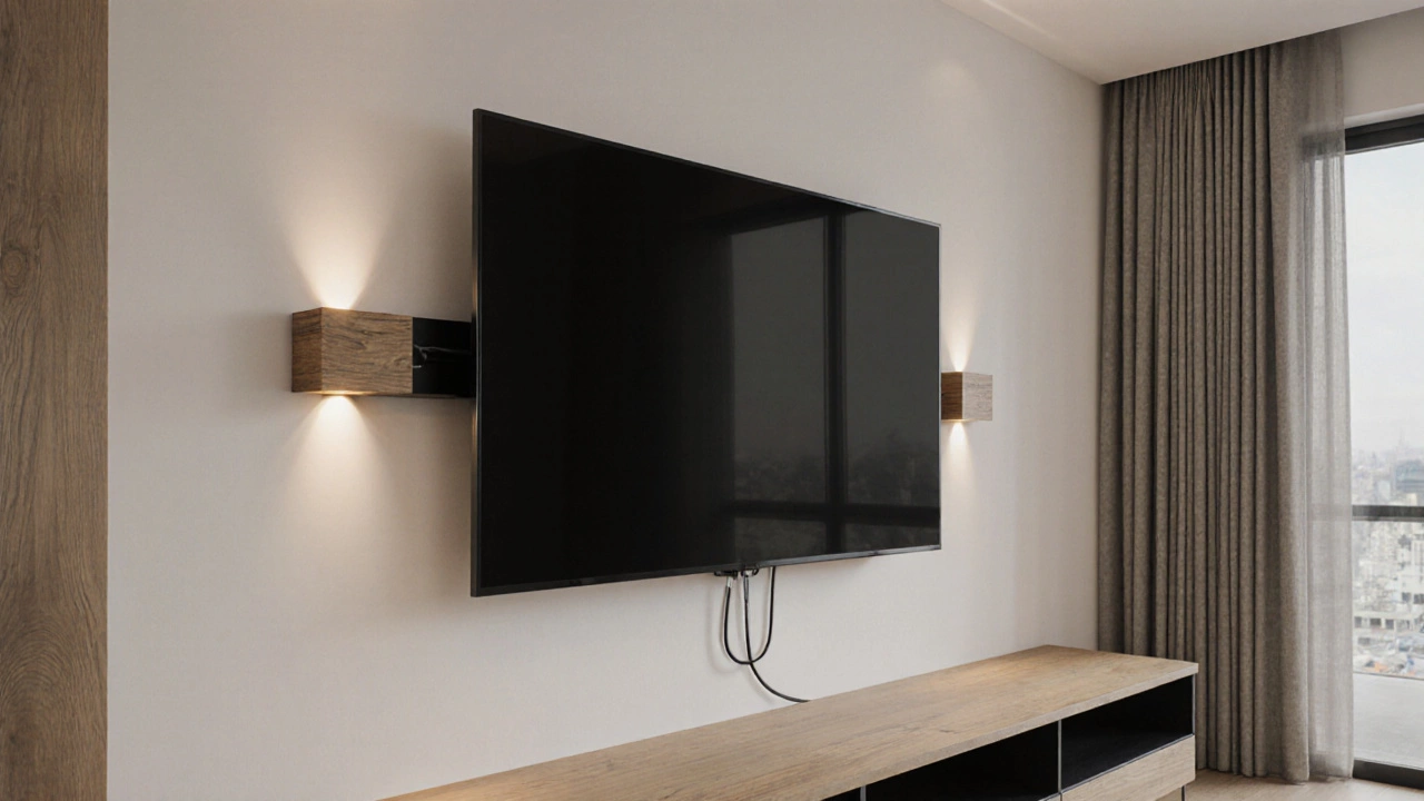 Wall‑mounted 75‑inch TV with decorative ledges and hidden cables.