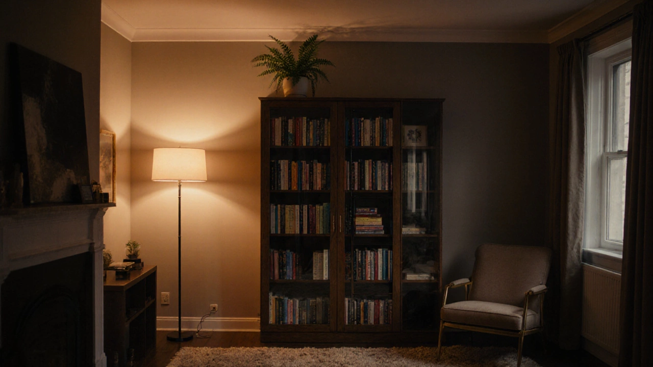 Warm living room with a tall glass‑door bookcase displaying books and a plant.