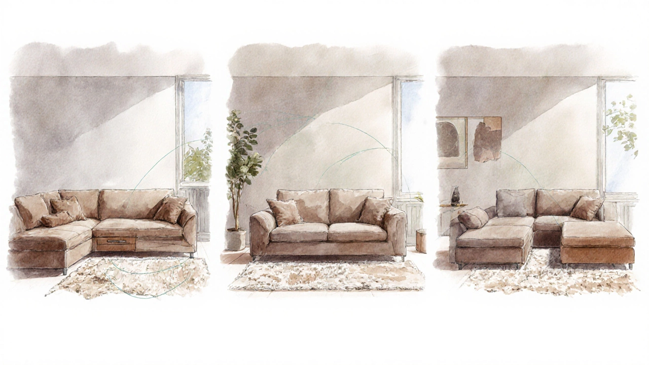 Watercolor of corner sofa, loveseat, and modular sectional showing clearance in small room.
