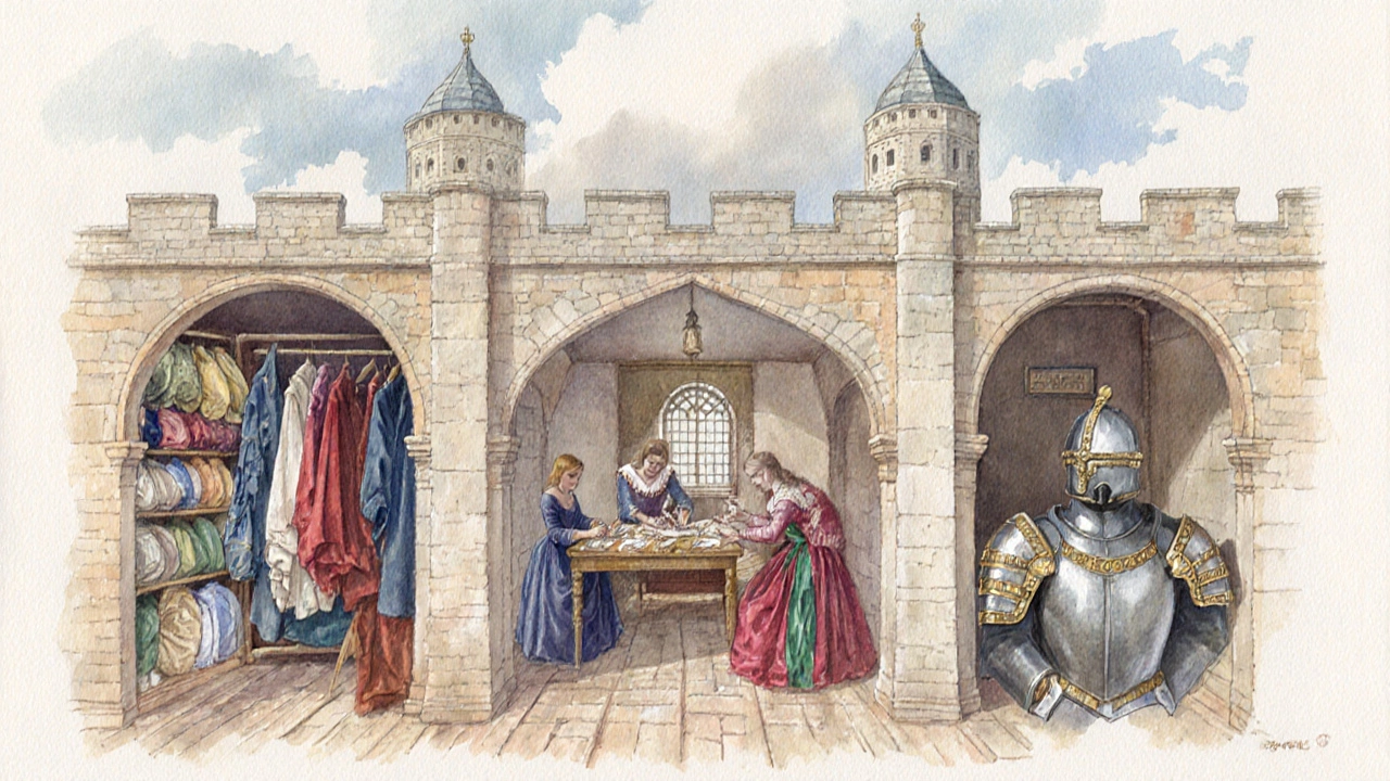 Watercolor of Tudor Wardrobe Chamber showing fabric vaults, tailors, and armor corner.