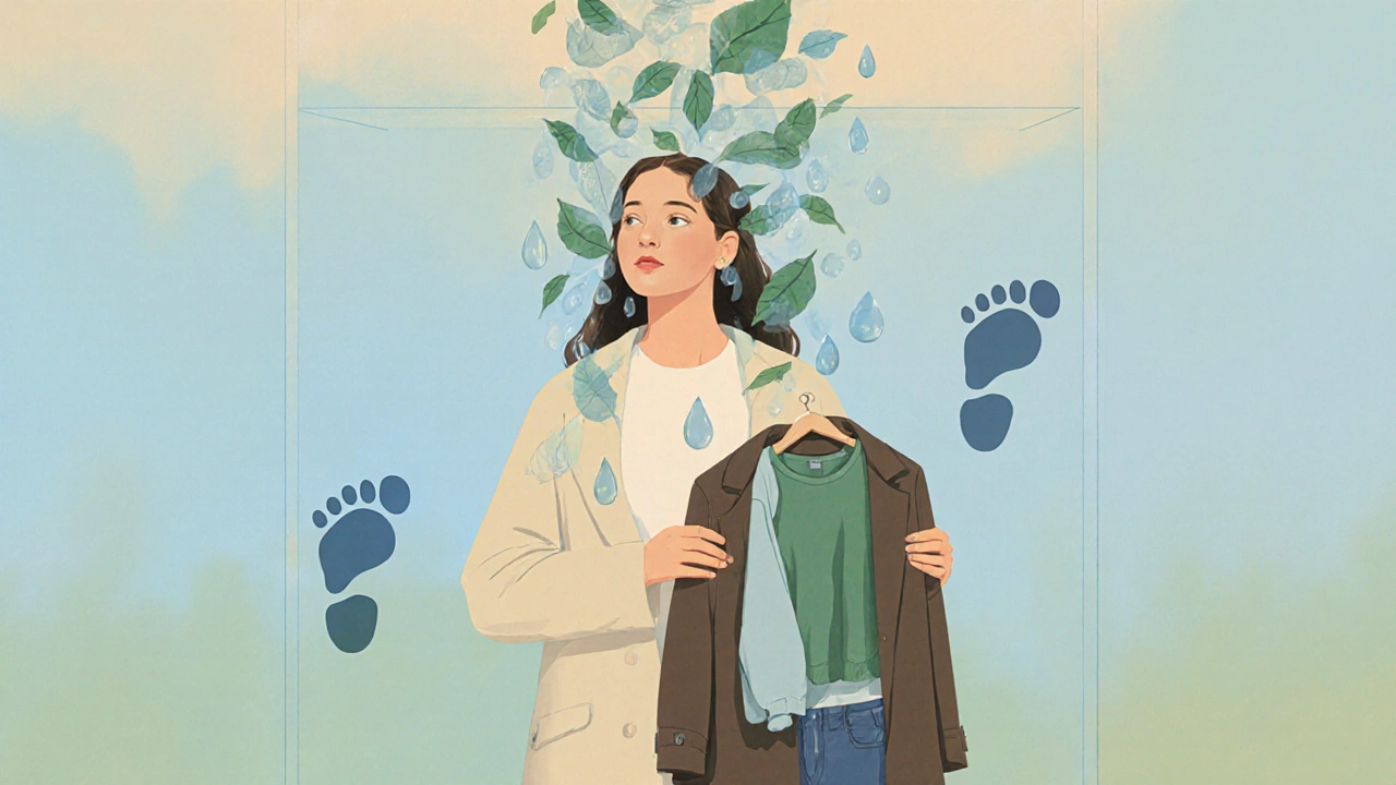 Woman releasing garments that turn into leaves and water droplets, symbolizing sustainable fashion.