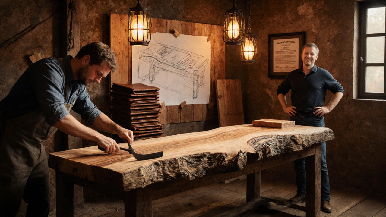 Workshop scene of a craftsman carving wood, stitching leather, and a warranty certificate.