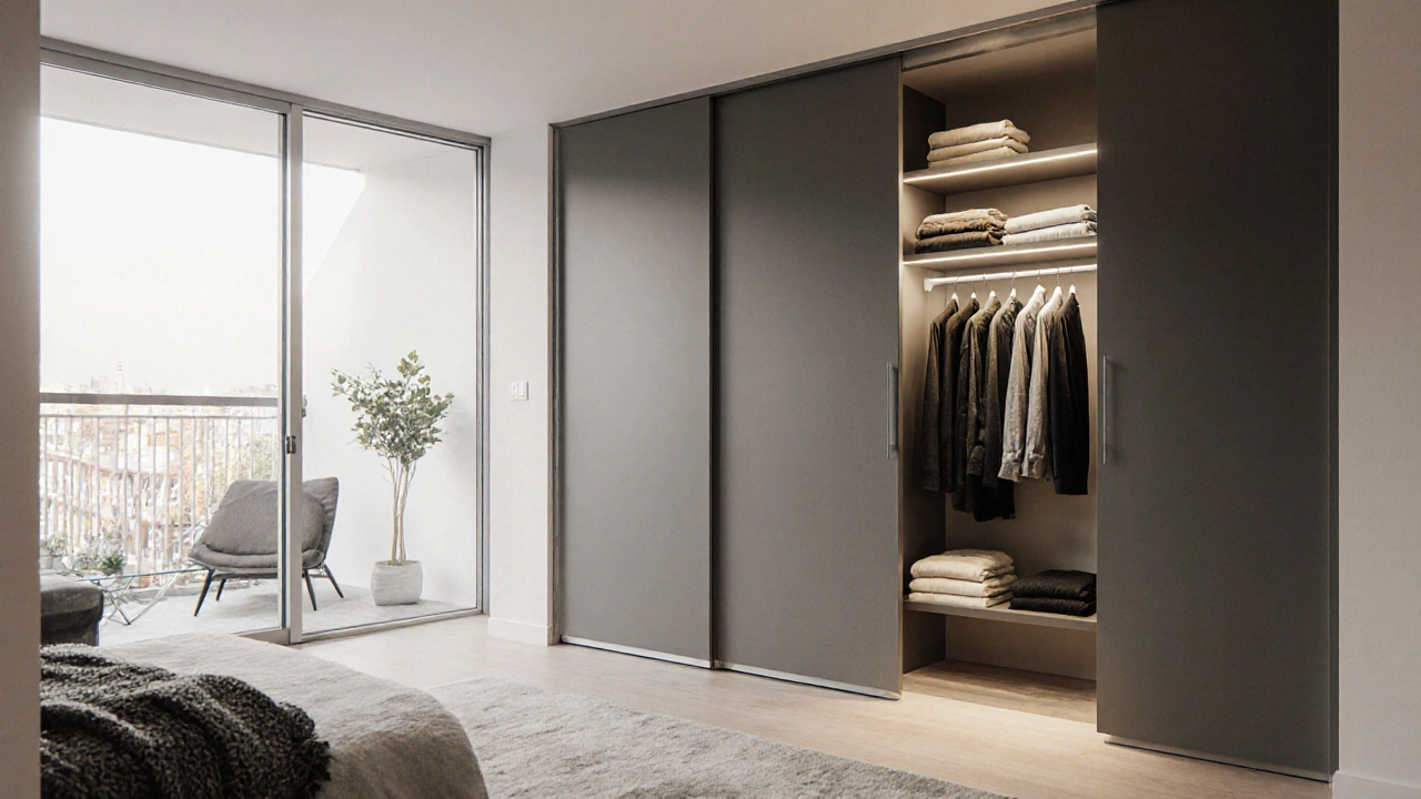 A modern fitted wardrobe with sliding doors in a UK flat, internal lighting, minimalist design.