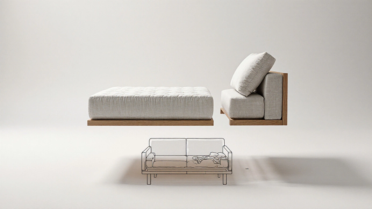 Floating components of a Japanese sofa bed—mattress, frame, and cover—symbolizing modular, space-saving design.