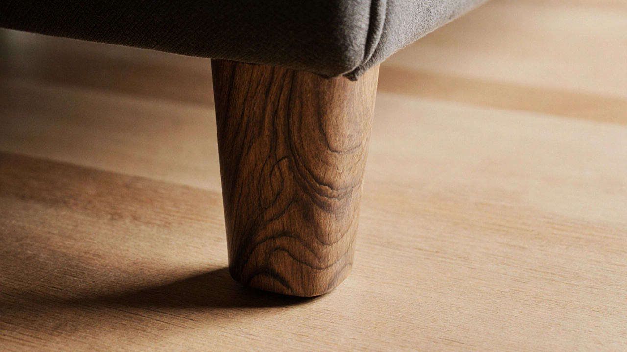 Hand-oiled walnut sofa leg with tapered design and matte finish, resting on wooden floor.