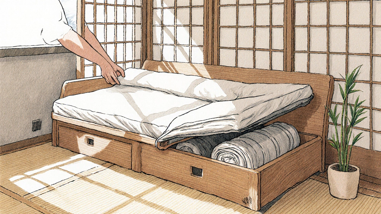 Japanese ink illustration of a person unfolding a futon mattress on a low wooden frame in a sunlit studio.