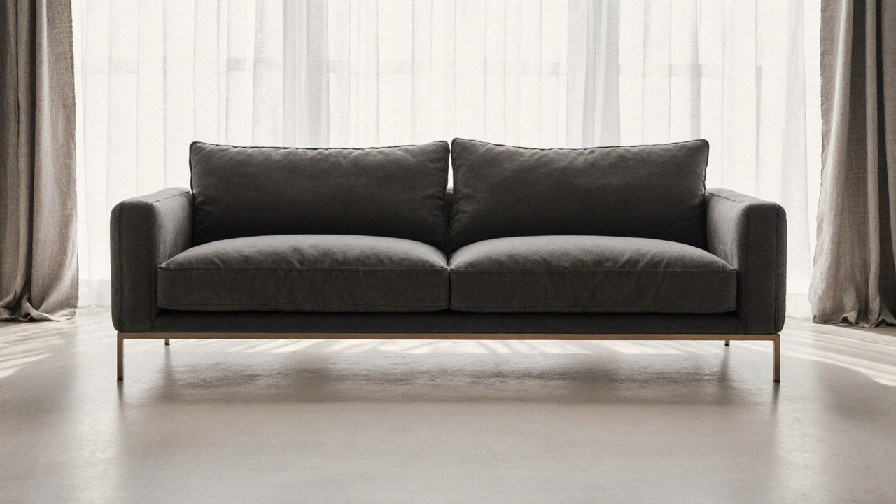 Luxury sofa in muted charcoal with low legs and perfectly contoured cushions in natural light.