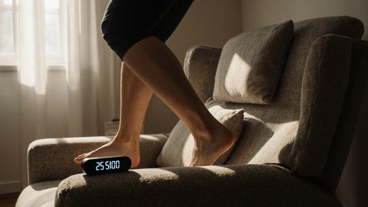 Person stretching leg after rising from recliner, timer visible on armrest, symbolizing movement break.