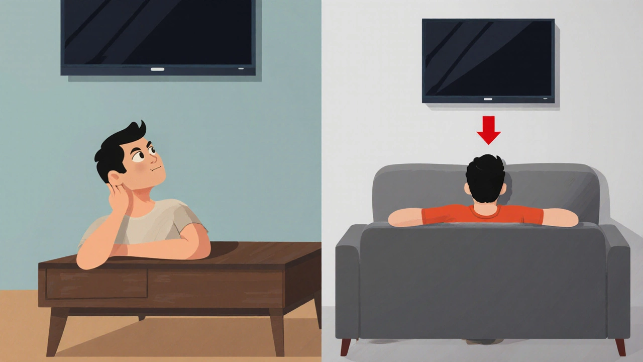 Side-by-side: person straining neck at high TV vs. relaxed at correct height, illustrating proper viewing position.